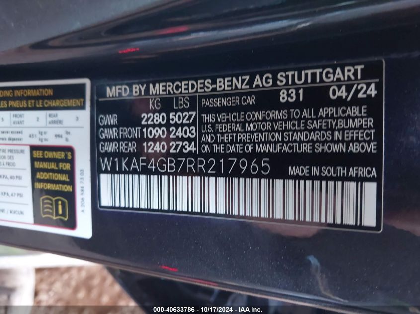 2024 Mercedes-Benz C 300 VIN: W1KAF4GB7RR217965 Lot: 40633786