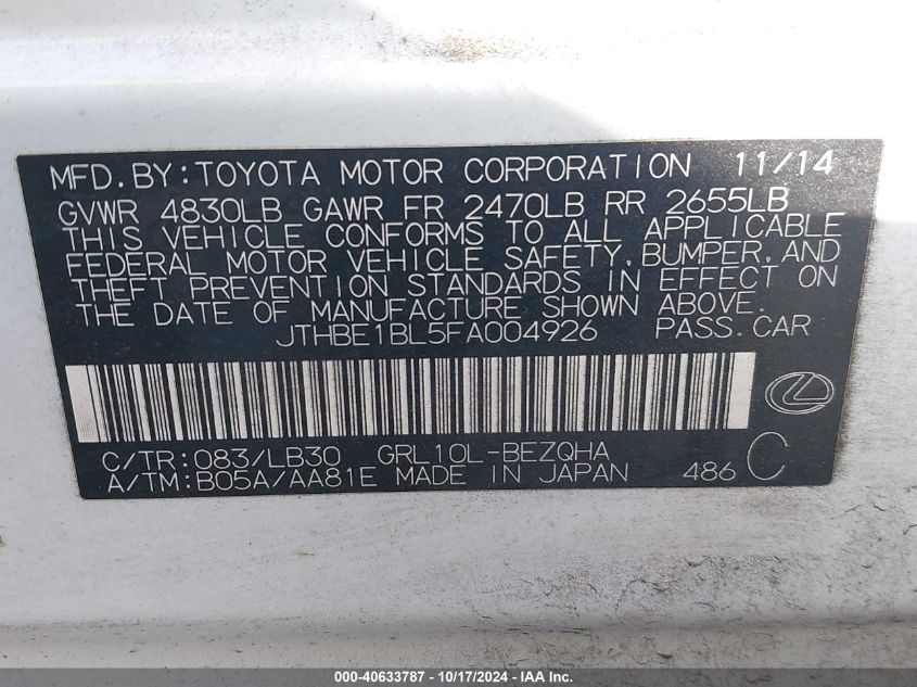 2015 LEXUS GS 350 - JTHBE1BL5FA004926