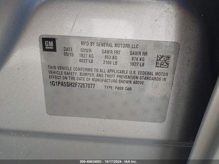 2015 Chevrolet Cruze Ls Auto VIN: 1G1PA5SH2F7267077 Lot: 40634003