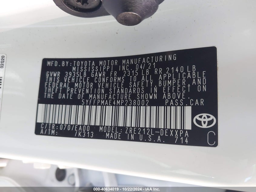VIN 5YFFPMAE4MP238002 2021 TOYOTA COROLLA XLE