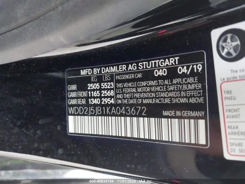 2019 Mercedes-Benz Cls 450 VIN: WDD2J5JB1KA043672 Lot: 40634104