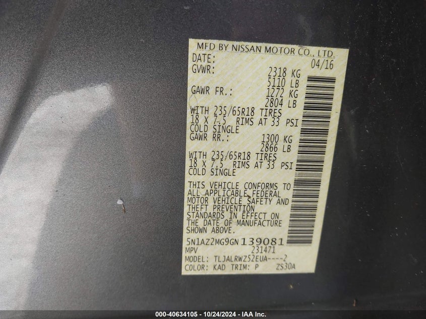 2016 NISSAN MURANO SL - 5N1AZ2MG9GN139081