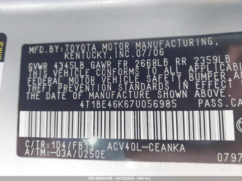 2007 Toyota Camry Le VIN: 4T1BE46K67U056985 Lot: 40634106