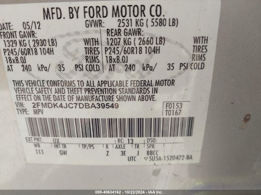 2013 Ford Edge Sel VIN: 2FMDK4JC7DBA39549 Lot: 40634162