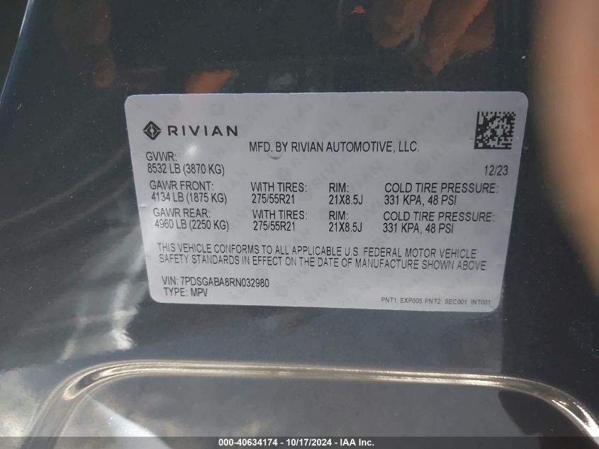 2024 Rivian R1S Adventure Quad Motor Large Pack VIN: 7PDSGABA8RN032980 Lot: 40634174