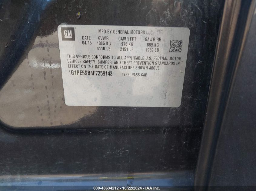 2015 Chevrolet Cruze 2Lt Auto VIN: 1G1PE5SB4F7259143 Lot: 40634212