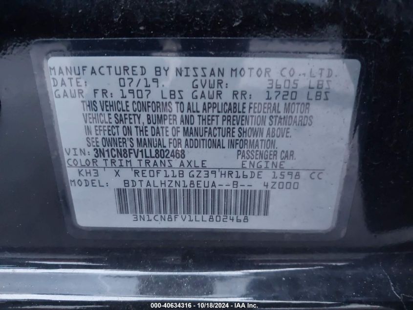 2020 Nissan Versa Sr Xtronic Cvt VIN: 3N1CN8FV1LL802468 Lot: 40634316