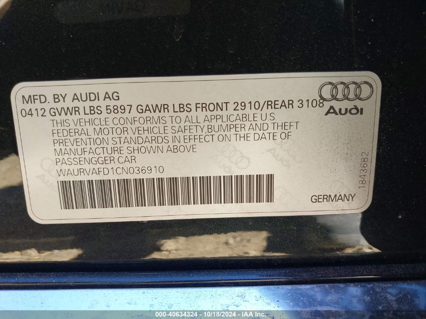 2012 Audi A8 L 4.2 VIN: WAURVAFD1CN036910 Lot: 40634324