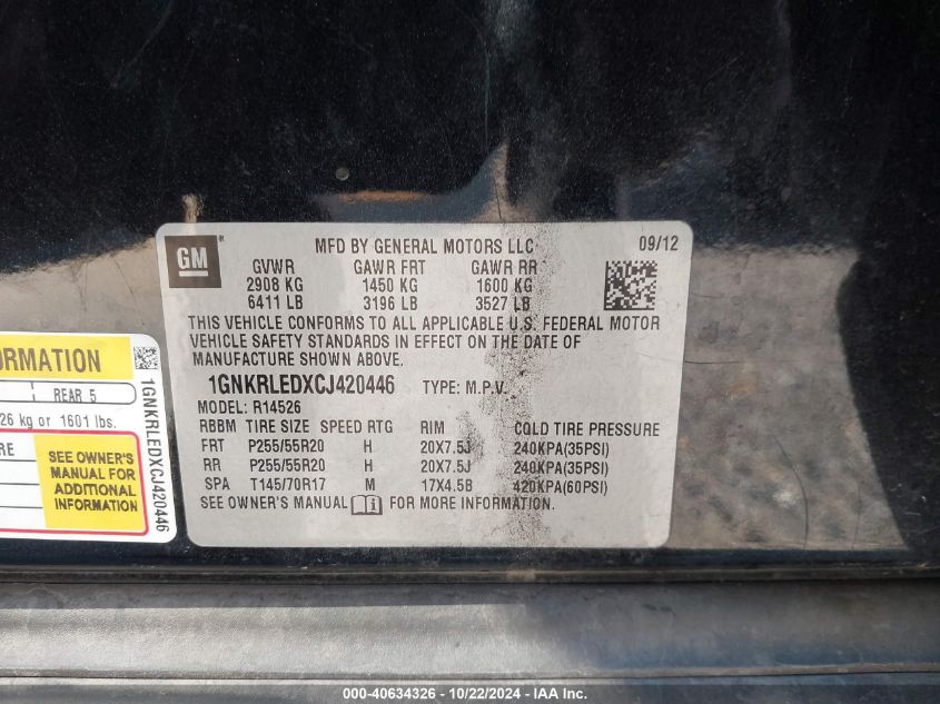 2012 Chevrolet Traverse Ltz VIN: 1GNKRLEDXCJ420446 Lot: 40634326