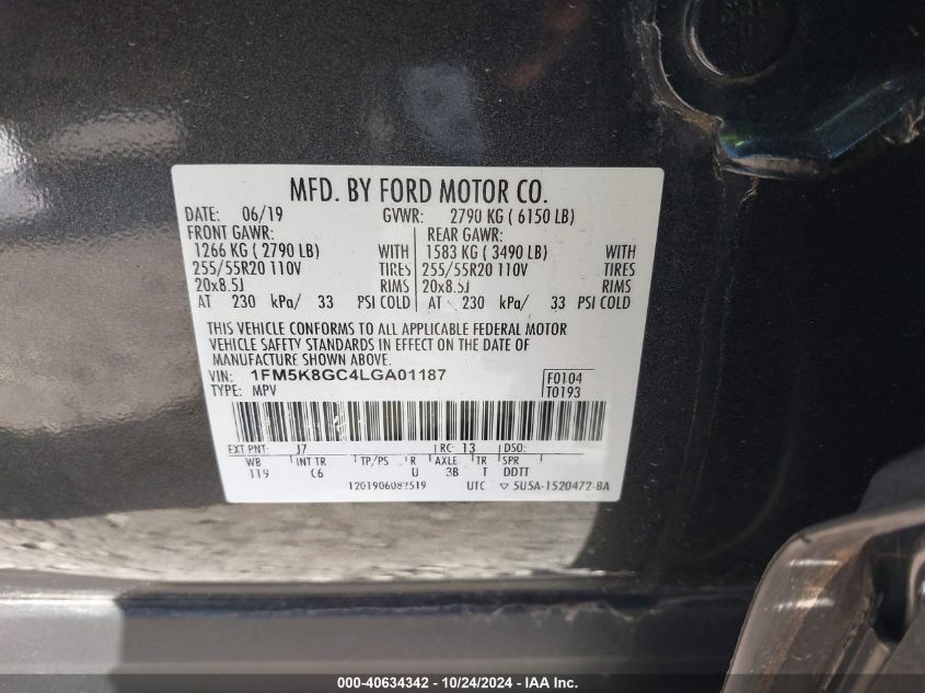 2020 Ford Explorer St VIN: 1FM5K8GC4LGA01187 Lot: 40634342