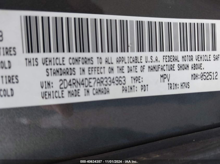 2010 Dodge Grand Caravan Se VIN: 2D4RN4DE7AR334963 Lot: 40634357