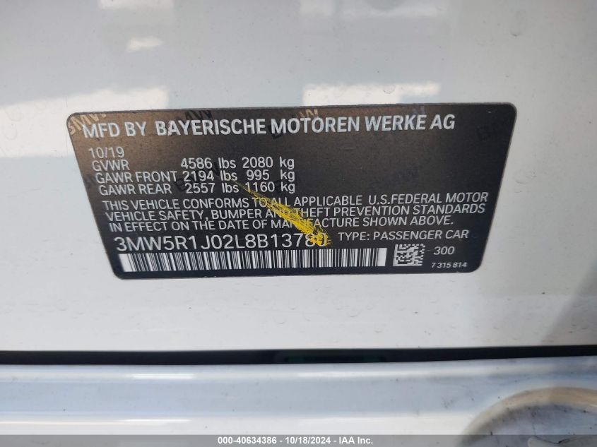 2020 BMW 330I VIN: 3MW5R1J02L8B13780 Lot: 40634386