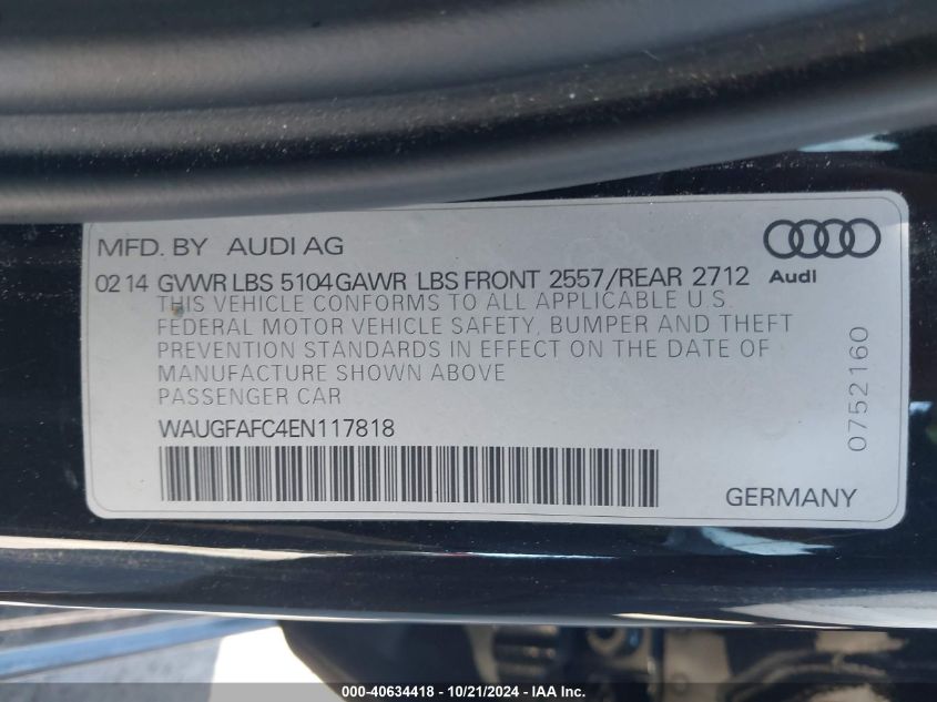 2014 Audi A6 Premium Plus VIN: WAUGFAFC4EN117818 Lot: 40634418