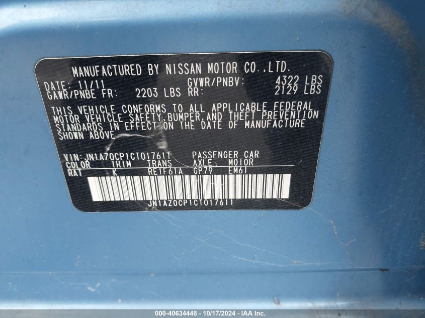 2012 Nissan Leaf Sl VIN: JN1AZ0CP1CT017611 Lot: 40634448