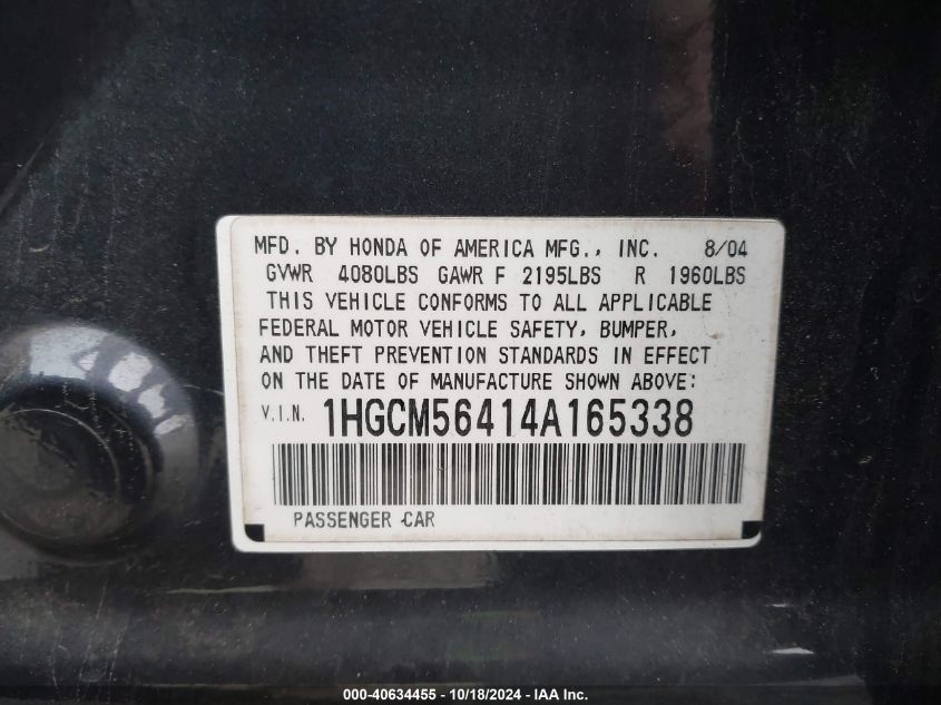 2004 Honda Accord 2.4 Lx VIN: 1HGCM56414A165338 Lot: 40634455