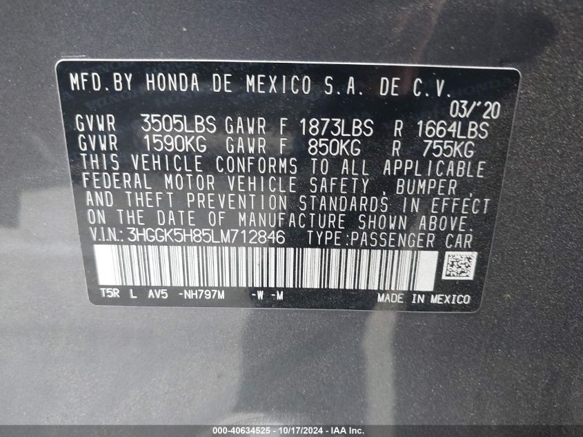 VIN 3HGGK5H85LM712846 2020 HONDA FIT EX