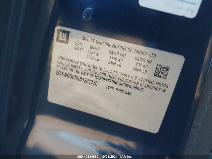 2011 Chevrolet Impala Lt VIN: 2G1WG5EK9B1281776 Lot: 40634560