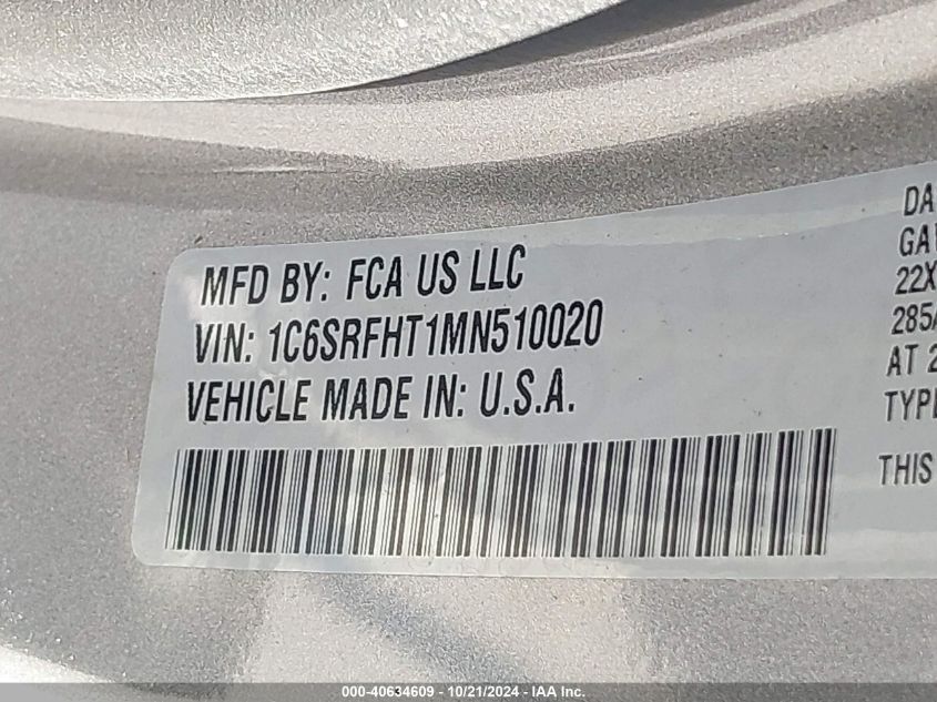 2021 Ram 1500 Limited VIN: 1C6SRFHT1MN510020 Lot: 40634609