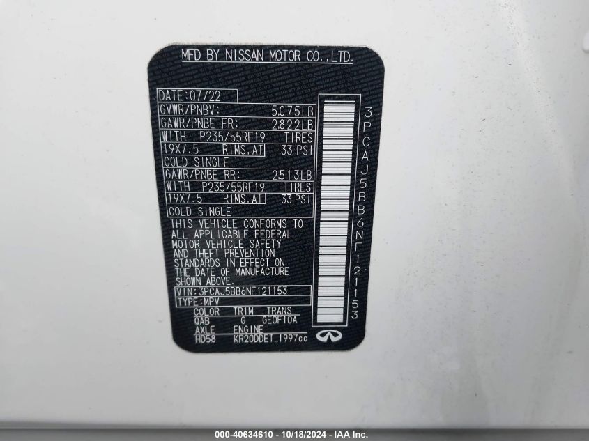 2022 INFINITI QX50 2.0L I-4 DI, DOHC, V(VIN: 3PCAJ5BB6NF121153