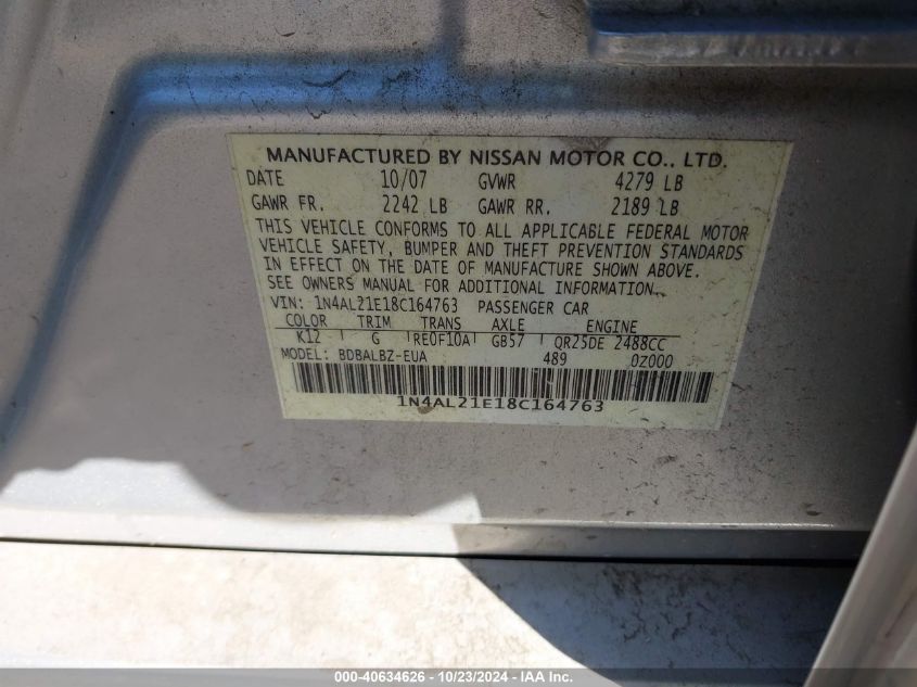 2008 Nissan Altima 2.5 S VIN: 1N4AL21E18C164763 Lot: 40634626