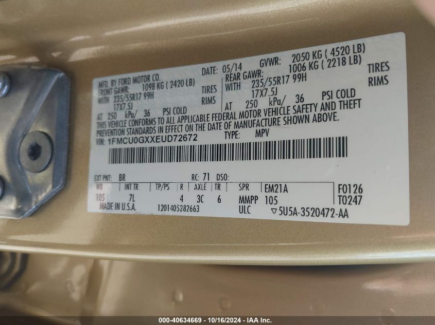 2014 Ford Escape Se VIN: 1FMCU0GXXEUD72672 Lot: 40634669