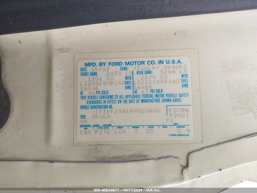 1987 Ford F250 VIN: 1FTFF25N1HPB21650 Lot: 40634677