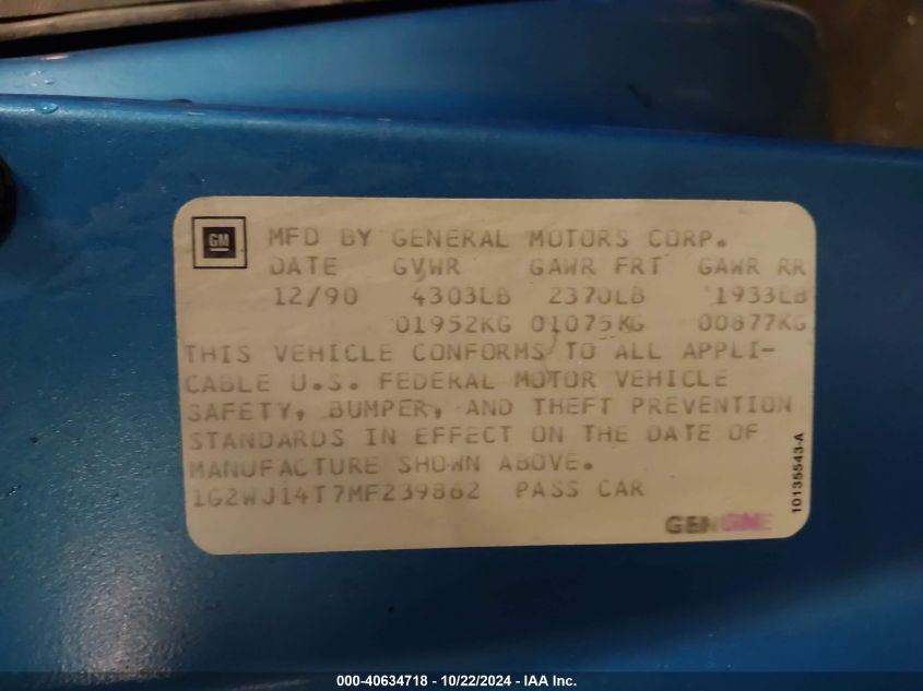 1991 Pontiac Grand Prix Se VIN: 1G2WJ14T7MF239862 Lot: 40634718