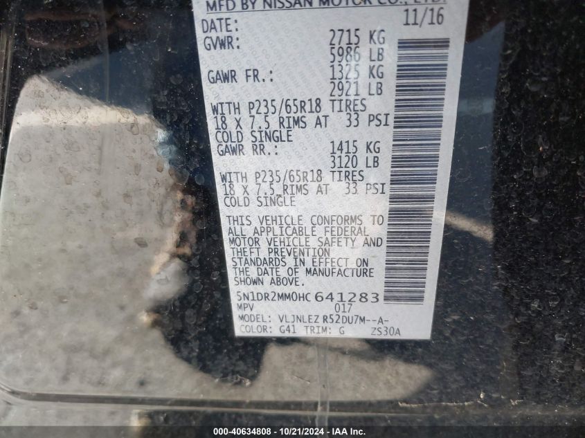 2017 Nissan Pathfinder S/Sv/Sl/Platinum VIN: 5N1DR2MM0HC641283 Lot: 40634808