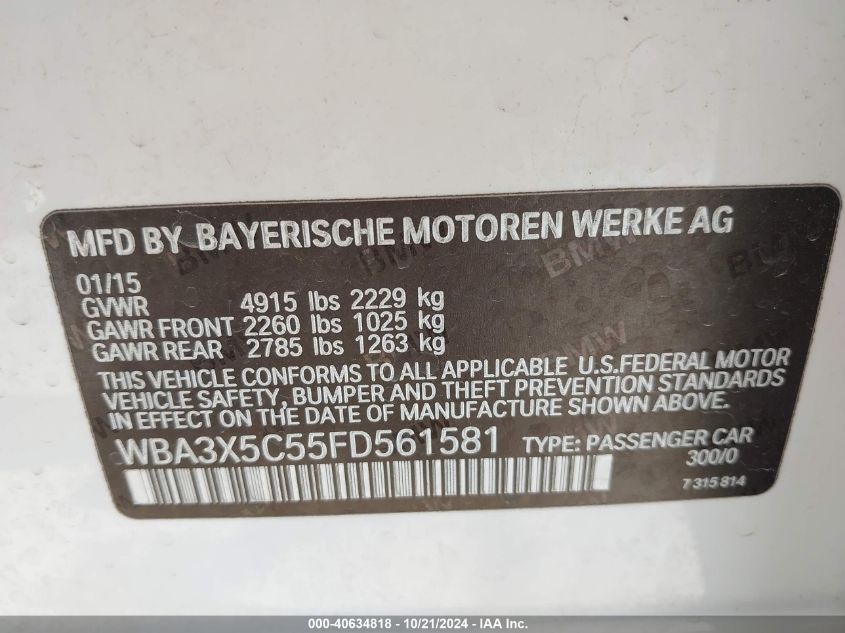 2015 BMW 328I Gran Turismo xDrive VIN: WBA3X5C55FD561581 Lot: 40634818