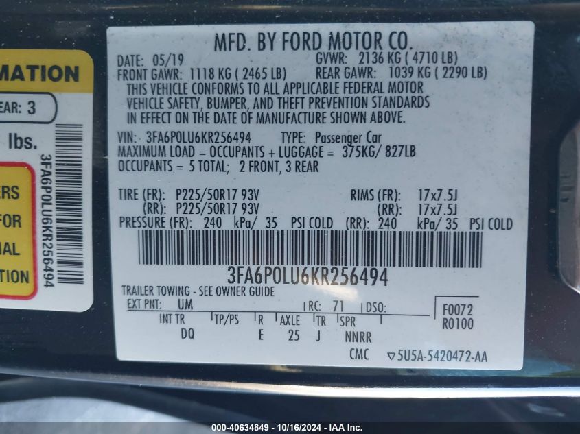 VIN 3FA6P0LU6KR256494 2019 FORD FUSION HYBRID no.9