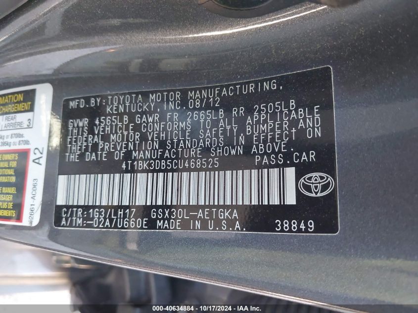 2012 Toyota Avalon VIN: 4T1BK3DB5CU468525 Lot: 40634884