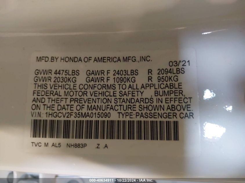 VIN 1HGCV2F35MA015090 2021 Honda Accord, Sport 2.0T no.9