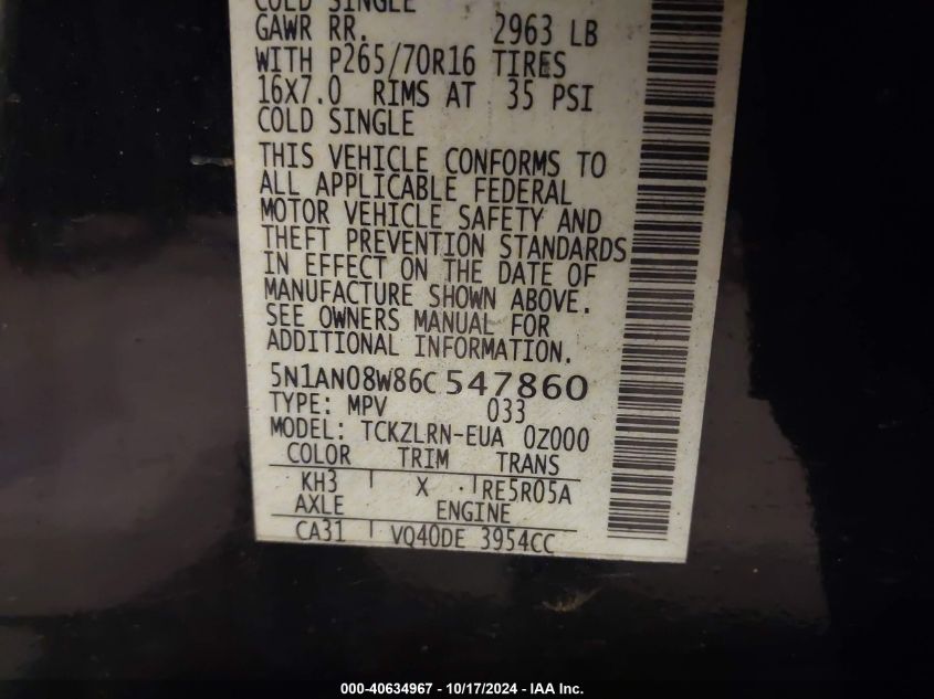 2006 Nissan Xterra S VIN: 5N1AN08W86C547860 Lot: 40634967