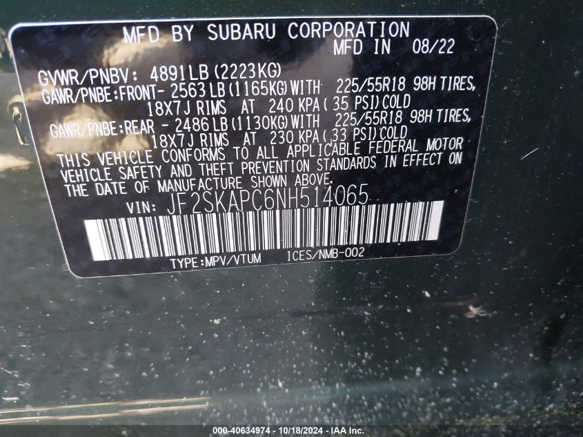 2022 SUBARU FORESTER 2.5L H-4 DI, DOHC, V(VIN: JF2SKAPC6NH514065