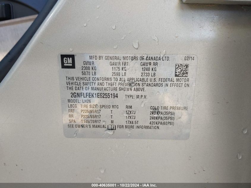2014 Chevrolet Equinox 1Lt VIN: 2GNFLFEK1E6255194 Lot: 40635001