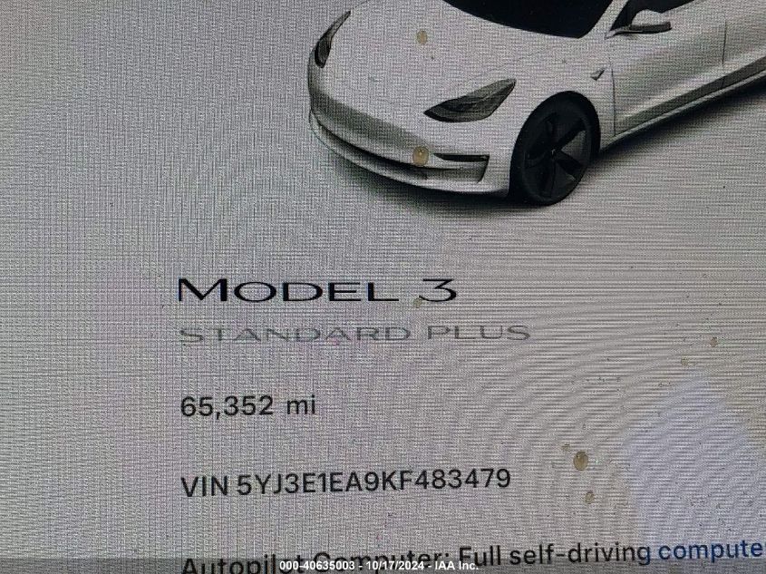 2019 Tesla Model 3 Long Range/Mid Range/Standard Range/Standard Range Plus VIN: 5YJ3E1EA9KF483479 Lot: 40635003