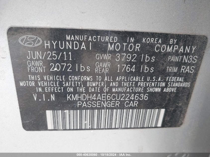 2012 Hyundai Elantra Limited (Ulsan Plant) VIN: KMHDH4AE6CU224636 Lot: 40635060