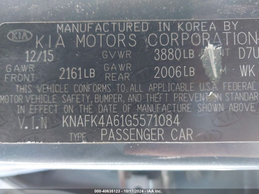 2016 Kia Forte Lx VIN: KNAFK4A61G5571084 Lot: 40635123