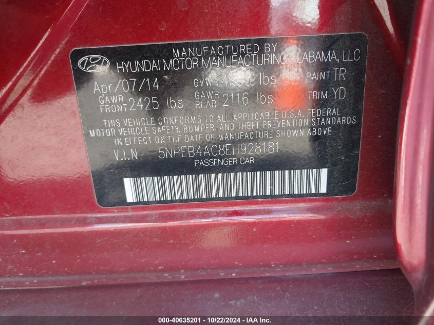 2014 HYUNDAI SONATA GLS - 5NPEB4AC8EH928181