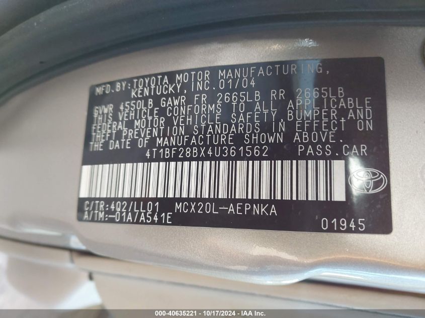 2004 Toyota Avalon Xl VIN: 4T1BF28BX4U361562 Lot: 40635221
