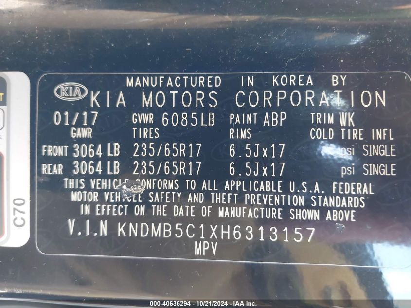 2017 Kia Sedona Lx VIN: KNDMB5C1XH6313157 Lot: 40635294