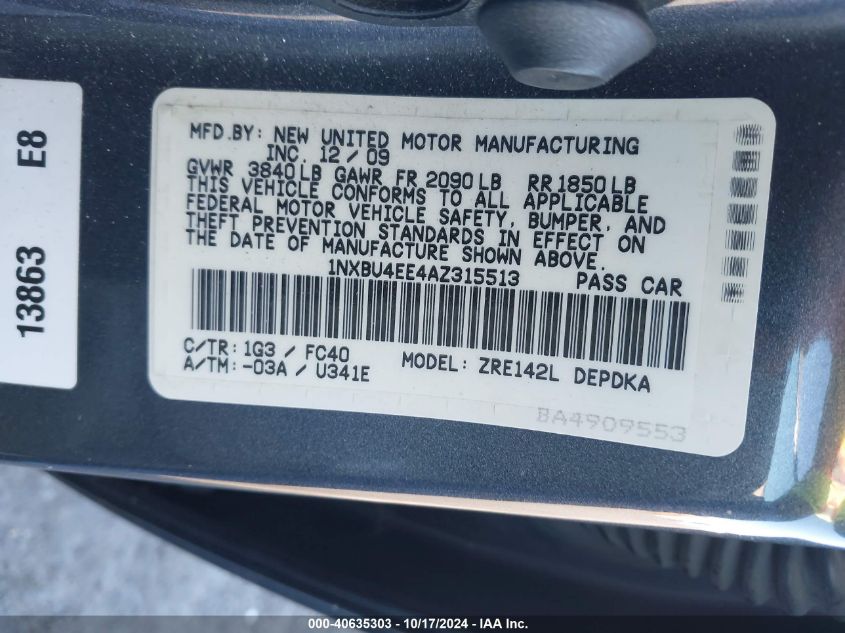 2010 Toyota Corolla Le VIN: 1NXBU4EE4AZ315513 Lot: 40635303