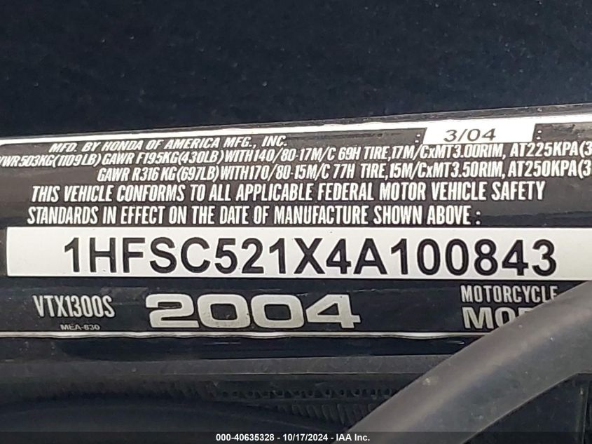 2004 Honda Vt1300 S VIN: 1HFSC521X4A100843 Lot: 40635328