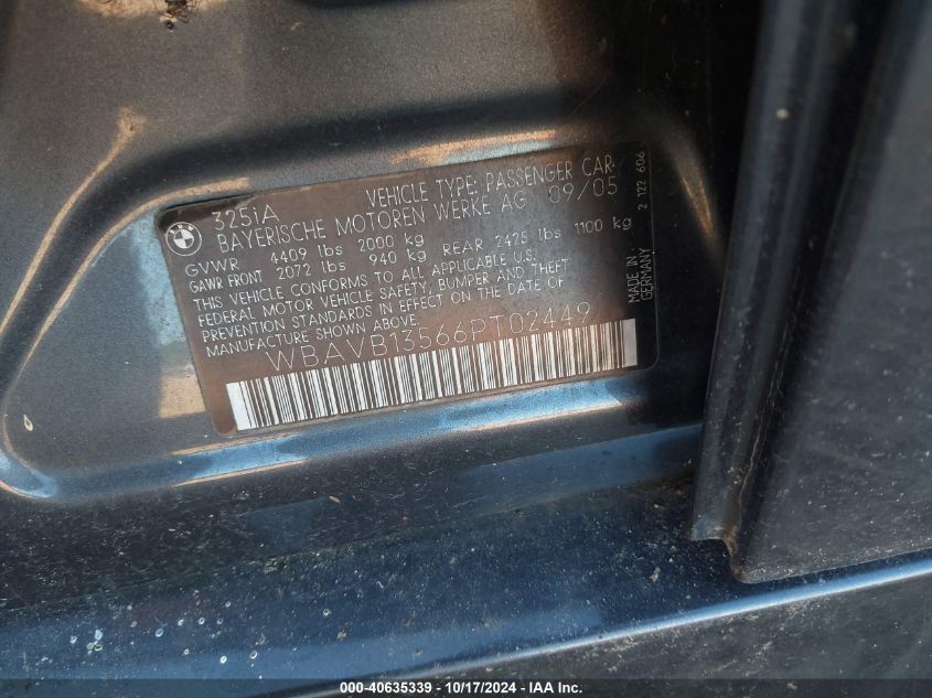 2006 BMW 325I VIN: WBAVB13566PT02449 Lot: 40635339