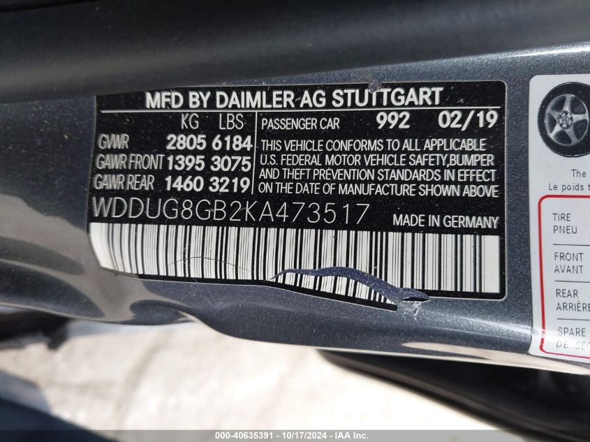 2019 Mercedes-Benz S 560 4Matic VIN: WDDUG8GB2KA473517 Lot: 40635391