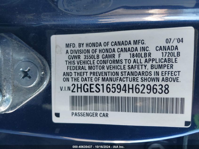 2004 Honda Civic Lx VIN: 2HGES16594H629638 Lot: 40635437