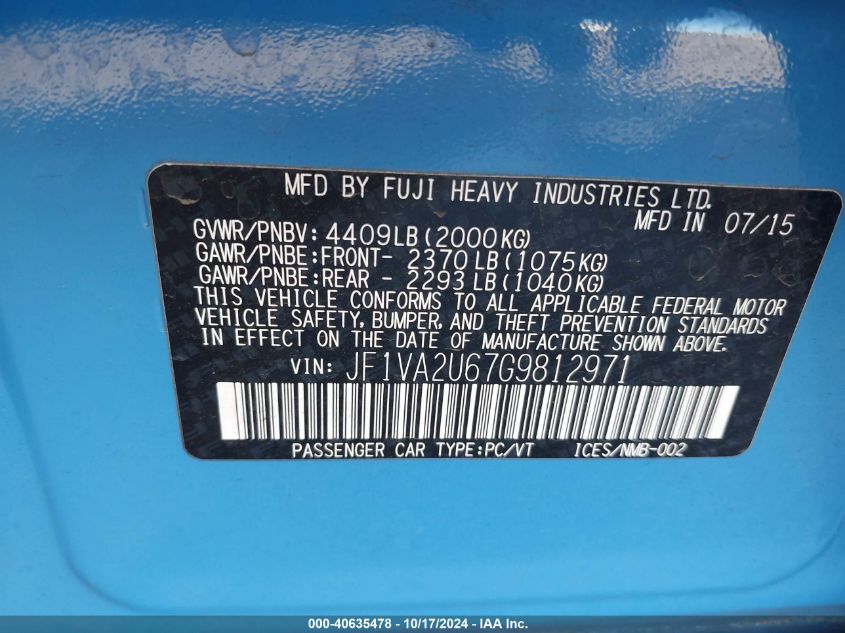 2016 Subaru Wrx Sti Series.hyperblue VIN: JF1VA2U67G9812971 Lot: 40635478