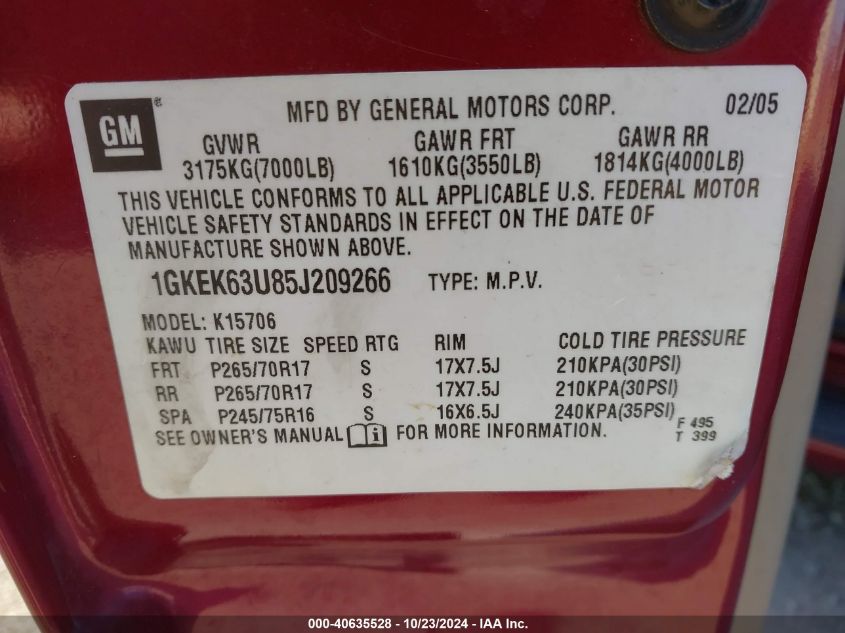 2005 GMC Yukon Denali VIN: 1GKEK63U85J209266 Lot: 40635528