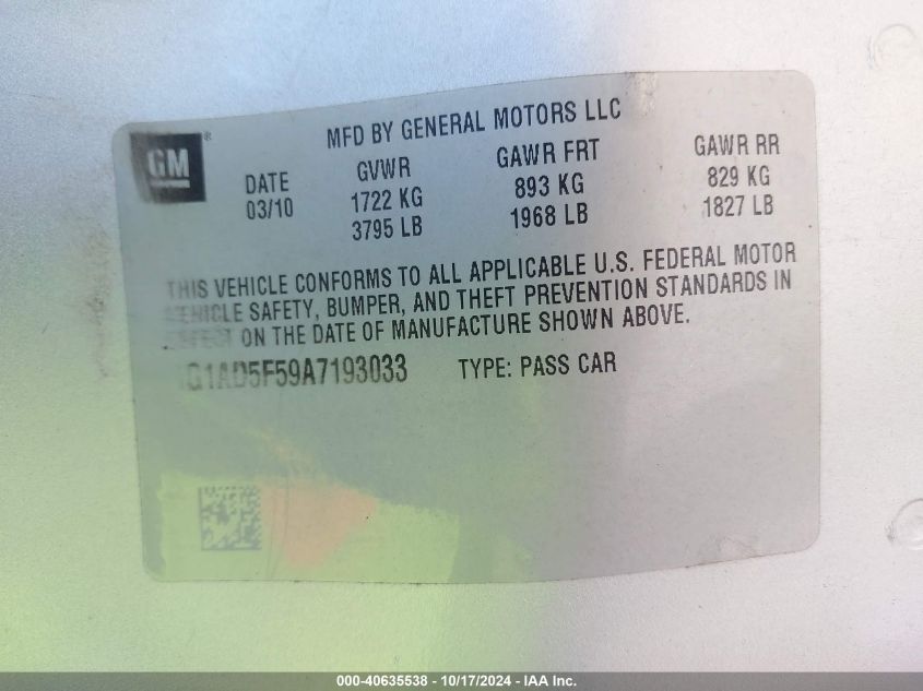 2010 Chevrolet Cobalt Lt VIN: 1G1AD5F59A7193033 Lot: 40635538