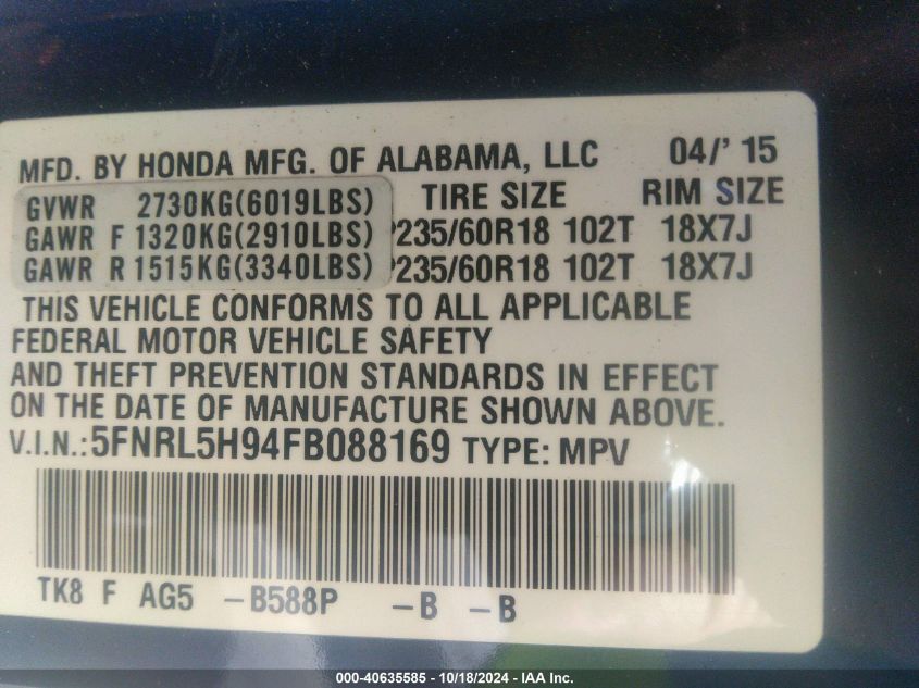 VIN 5FNRL5H94FB088169 2015 Honda Odyssey, Touring/T... no.9